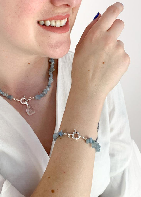 Pulseira Água Marinha Fecho Boia Summer Vibes Banho Prata