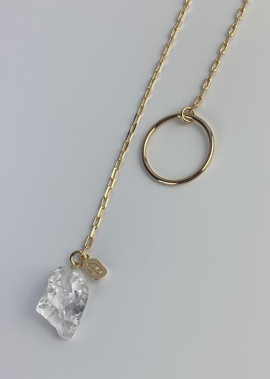 Colar Cristal de Quartzo Bruto Gravata Ajustável Banho Ouro