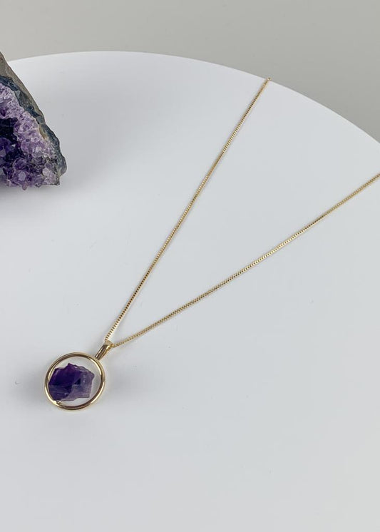 Colar Ametista Bruta Argola Banho Ouro