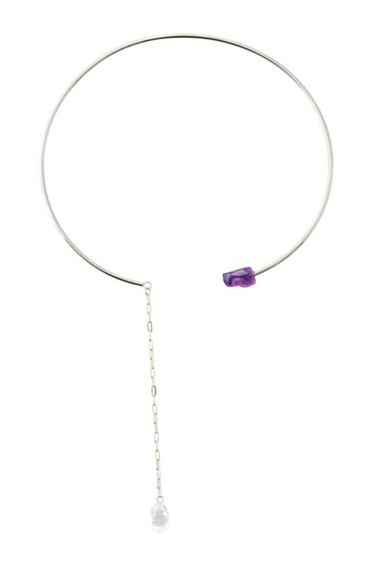 Choker Duo Ponta Ametista com Cristal Quartzo Bruto Banho Prata