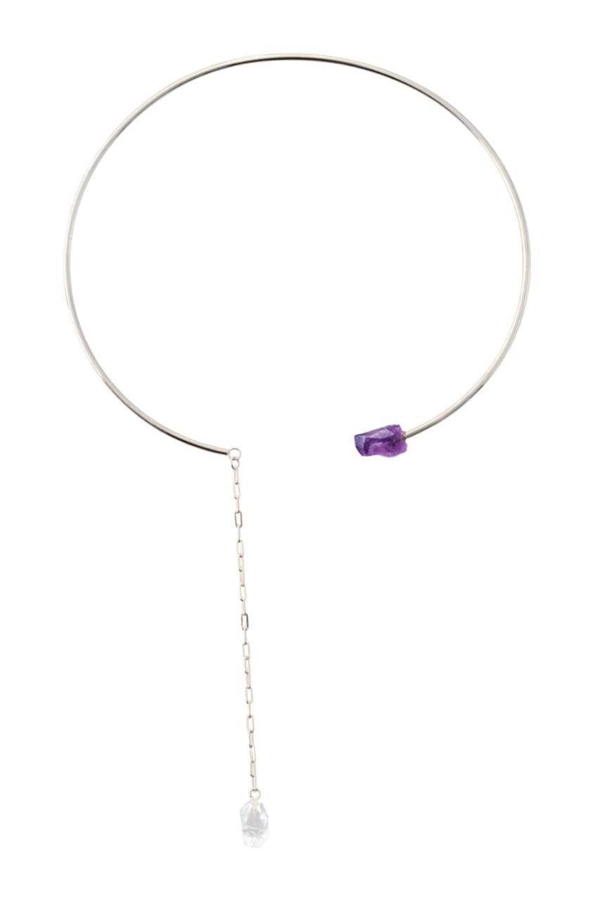 Choker Duo Ponta Ametista com Cristal Quartzo Bruto Banho Prata