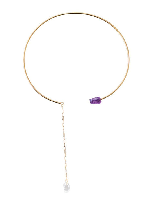 Choker Duo Ponta Ametista com Cristal Quartzo Bruto Banho Ouro