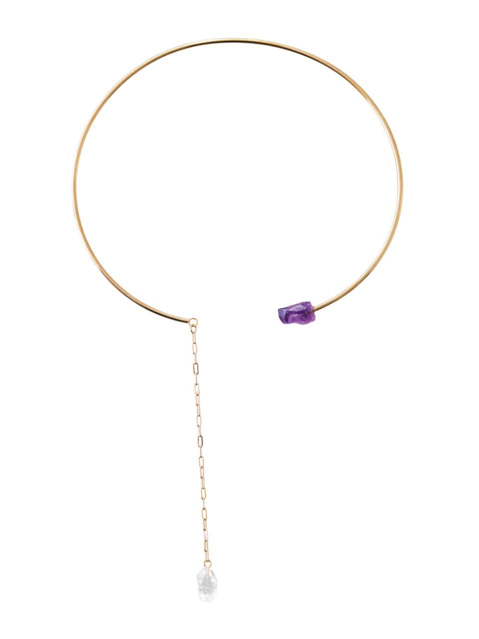 Choker Duo Ponta Ametista com Cristal Quartzo Bruto Banho Ouro
