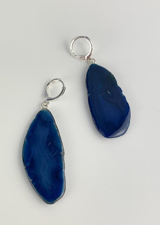 Brinco Chapa de Ágata Azul Banho Prata