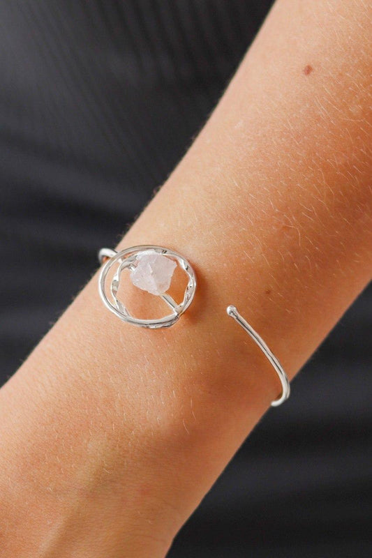 Bracelete Pedra Natural Quartzo Rosa Banhado Prata