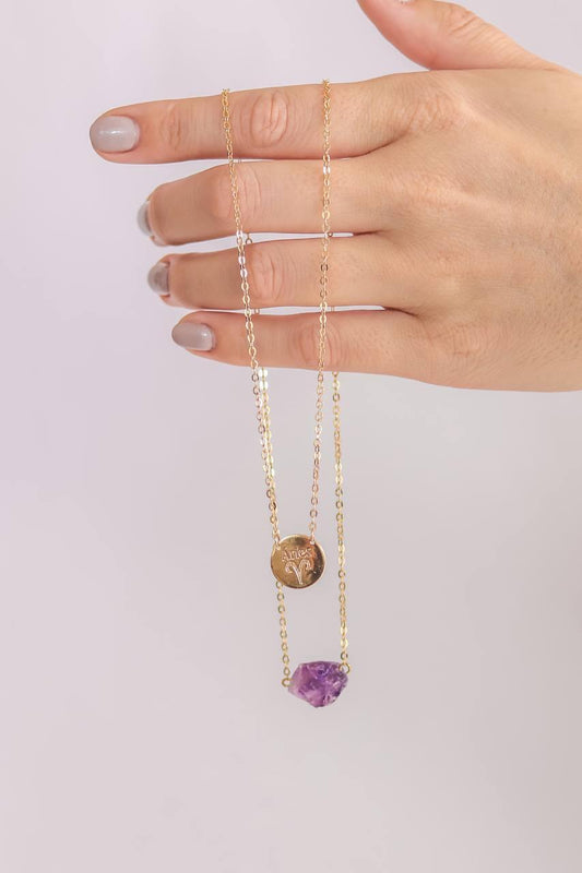 Escapulário Signo Áries - Pedra Ametista Bruta banhado Ouro