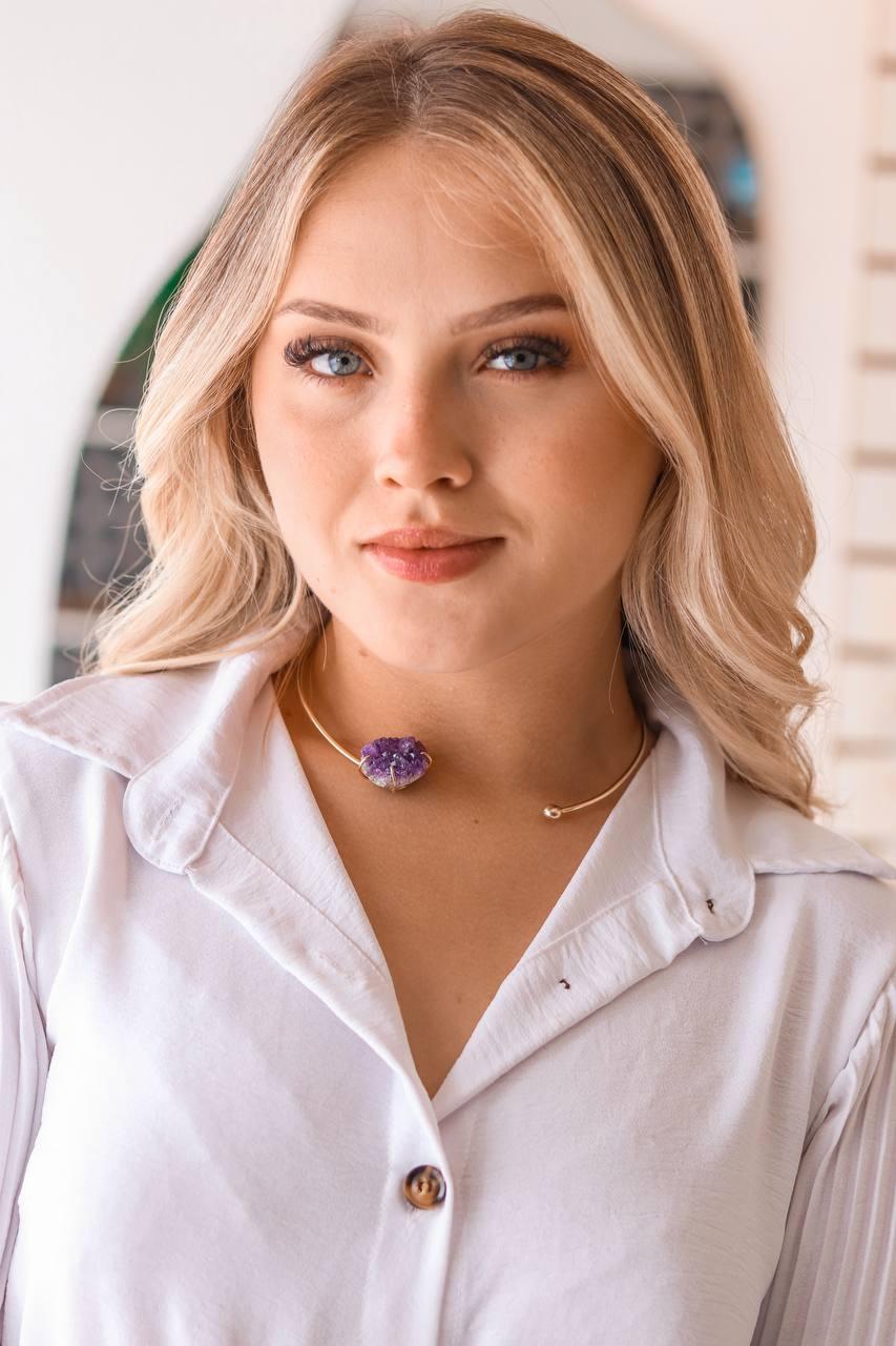 Choker Drusa Ametista Abraço Banho Ouro