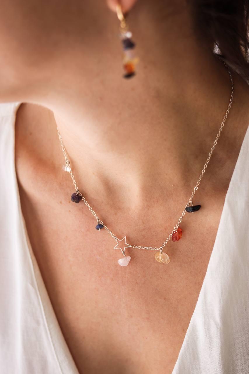 Colar Estrela Chakras Banho Prata
