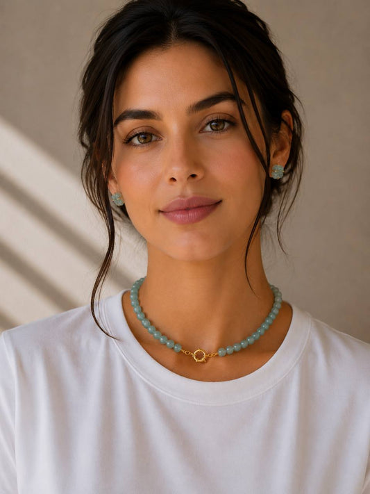 Choker Pedra Natural Aventurina Esferas Raiz  Banho Ouro