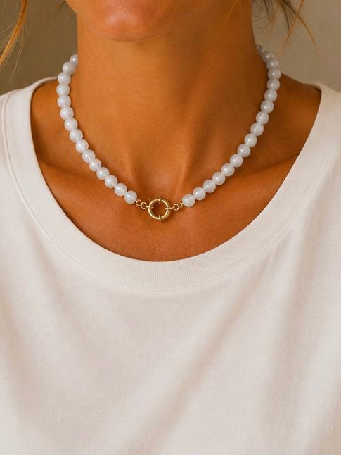 Choker Pedra Natural Selenita Branca Esferas Raiz  Banho Ouro
