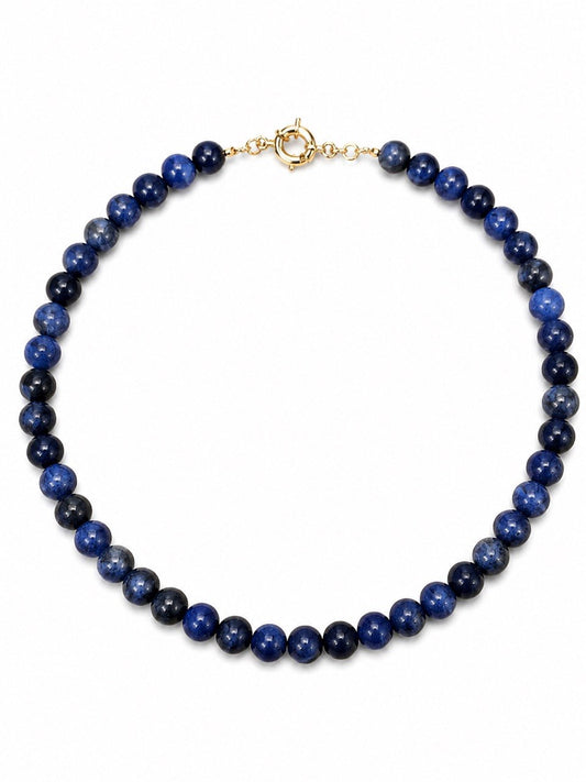 Choker Pedra Natural Sodalita Esferas Raiz  Banho Ouro