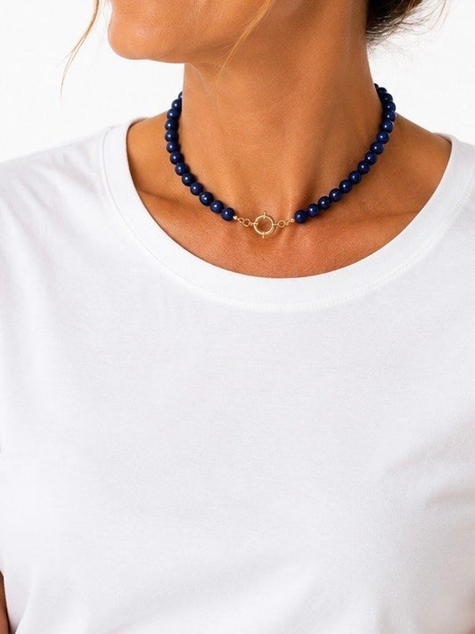 Choker Pedra Natural Sodalita Esferas Raiz  Banho Ouro
