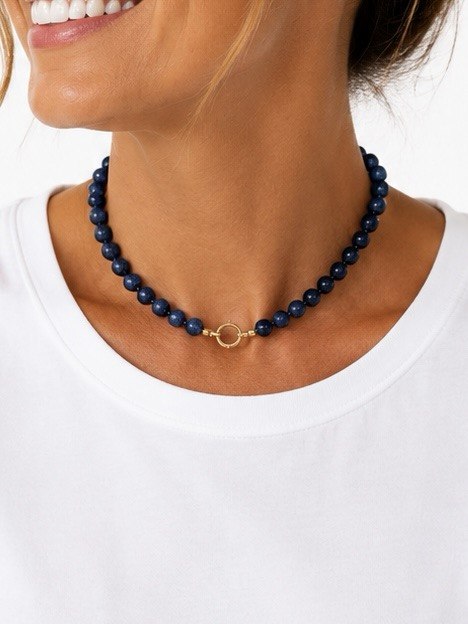 Choker Pedra Natural Sodalita Esferas Raiz  Banho Ouro