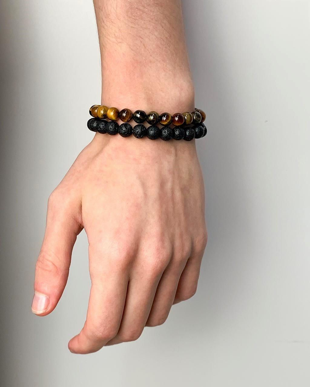 Kit de Pulseiras em Pedra Olho de Tigre e Vulcânica 8mm