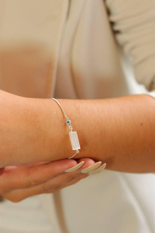 Pulseira Olho Grego Selenita banhado Prata