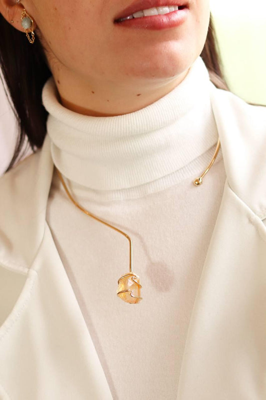 Choker Pedra Natural Citrino Abraço Banho Ouro
