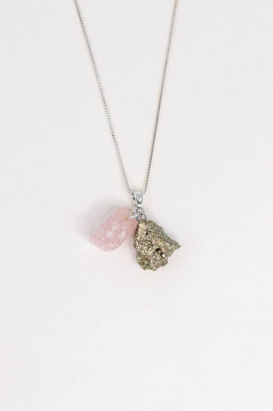 Colar Quartzo Rosa com Pirita Manifesto Banho Prata