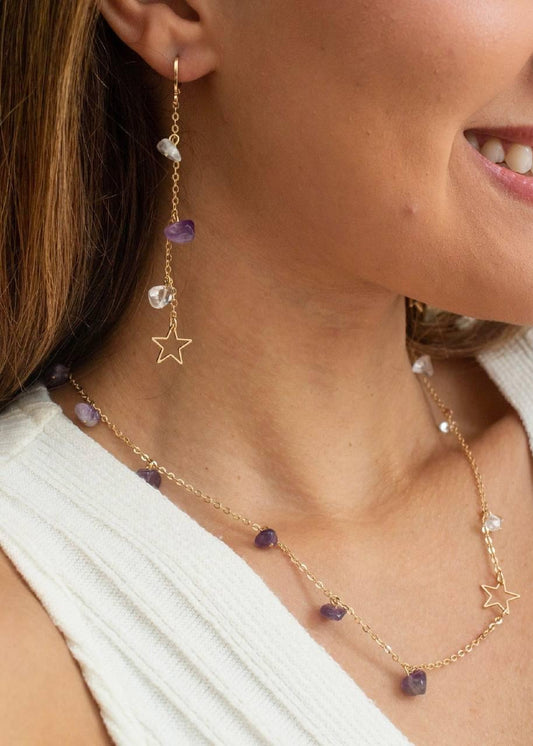 Colar Ametista e Cristal Sementes Estrelar banhado Ouro