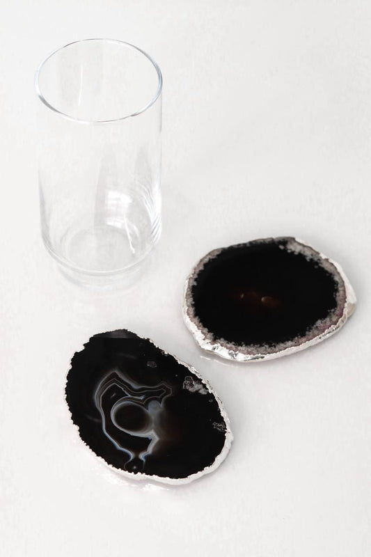 Porta Copos Ágata Preta Pequeno Banho Prata Duplo
