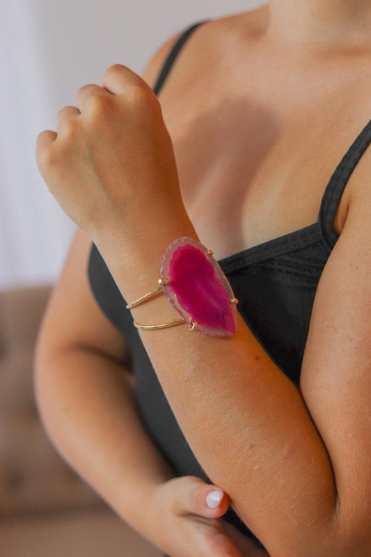 Bracelete Chapa de Ágata Rosa Banho Ouro