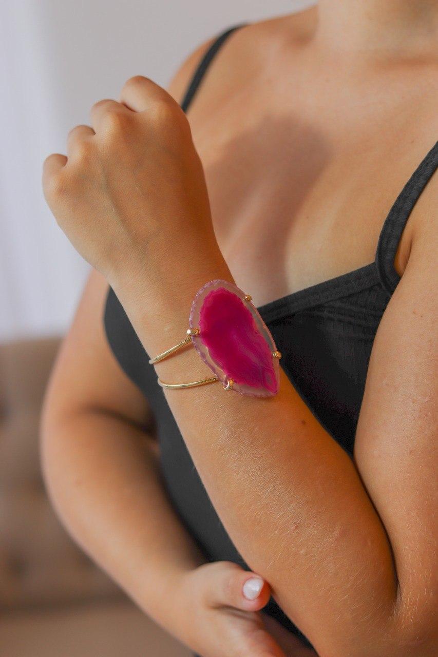 Bracelete Chapa de Ágata Rosa Banho Ouro