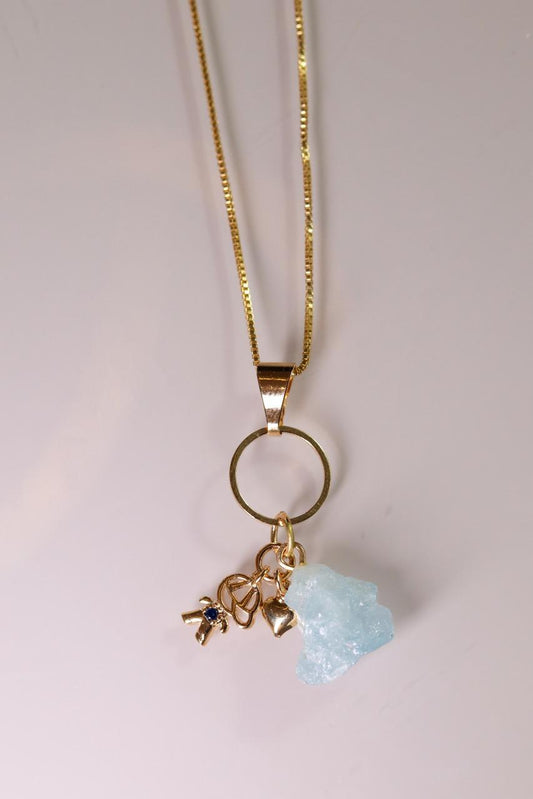 Colar Amor de Mãe com Menino e Água Marinha Banho Ouro