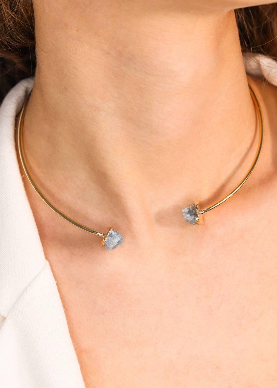 Choker Duo Água Marinha Bruta com Eletroplate Banho Ouro