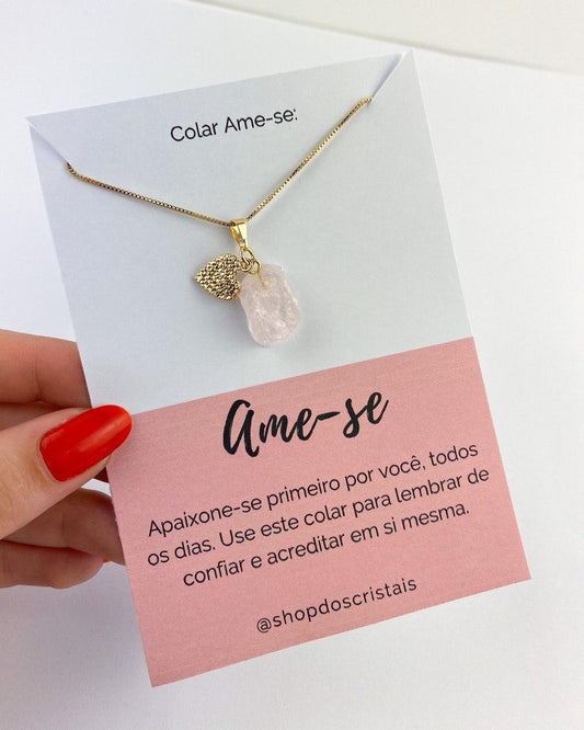 Colar Ame-Se Quartzo Rosa Banho Ouro