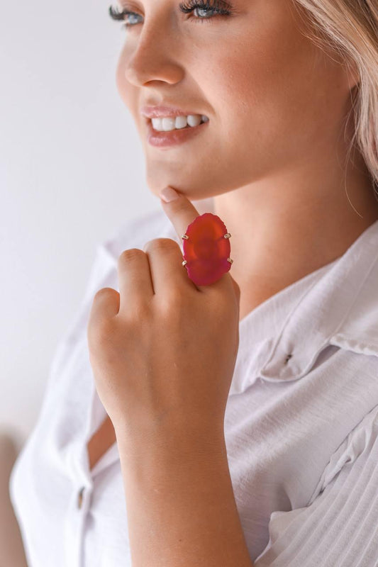 Anel Ajustável Chapa de Ágata Rosa Banhado Ouro