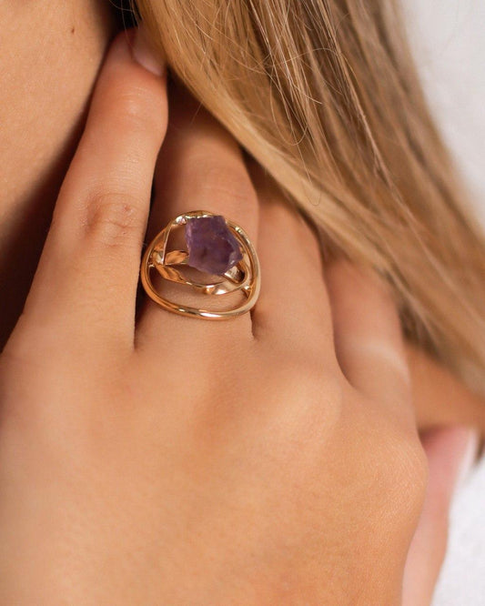 Anel ajustável Pedra Natural Ametista banhado Ouro 18K