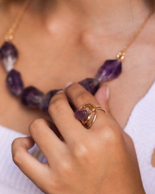 Anel ajustável Pedra Natural Ametista banhado Ouro 18K