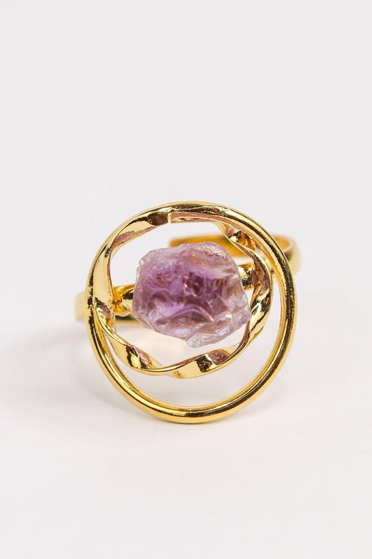 Anel ajustável Pedra Natural Ametista banhado Ouro 18K
