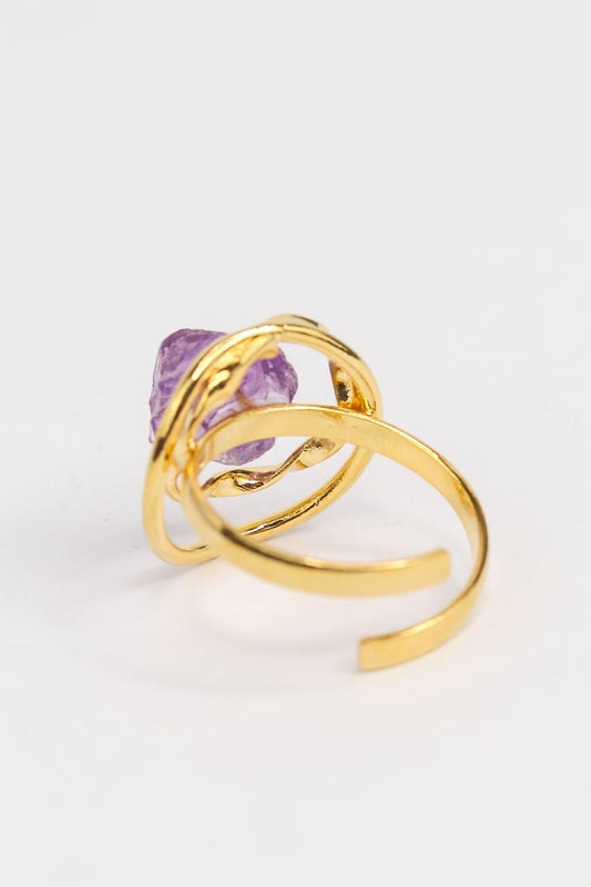 Anel ajustável Pedra Natural Ametista banhado Ouro 18K