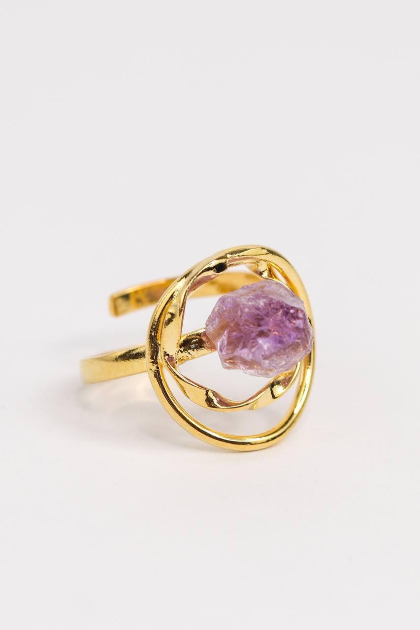 Anel ajustável Pedra Natural Ametista banhado Ouro 18K