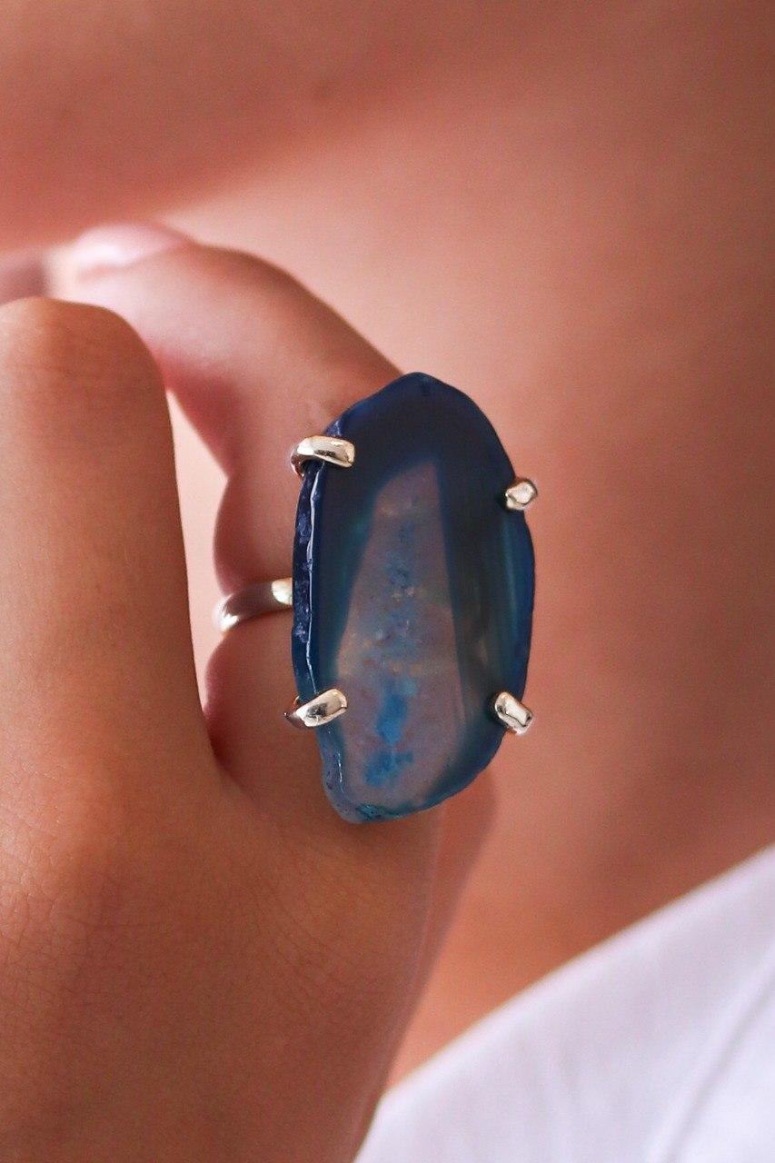 Anel Ajustável Chapa de Ágata Azul Banhado Prata