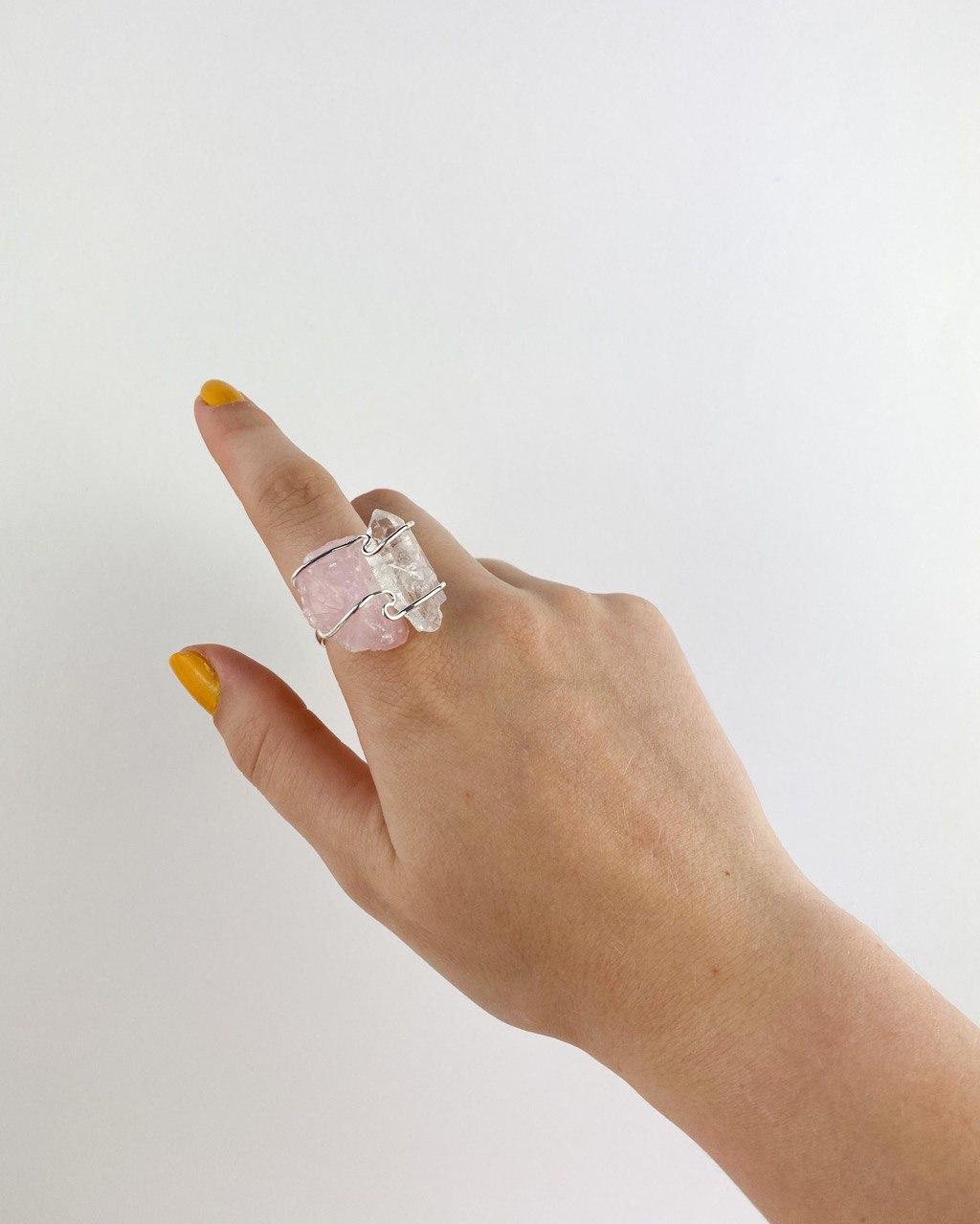 Anel Quartzo rosa com Cristal ajustável banho prata