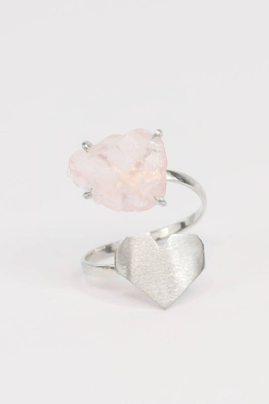 Anel Quartzo Rosa Coração Origami Prata 925