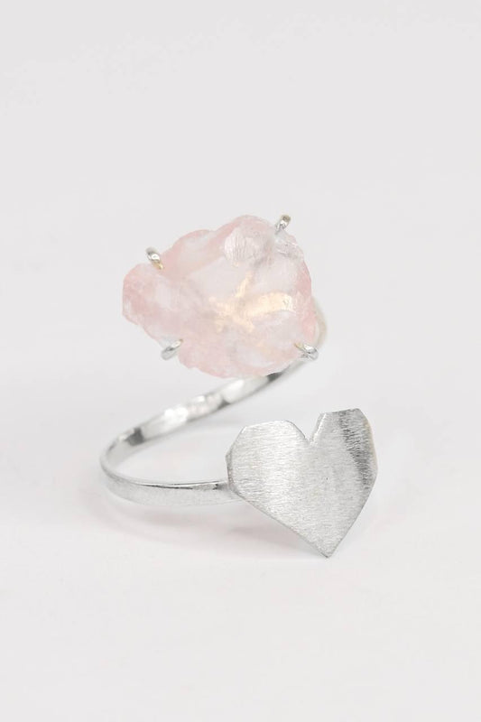 Anel Quartzo Rosa Coração Origami Prata 925