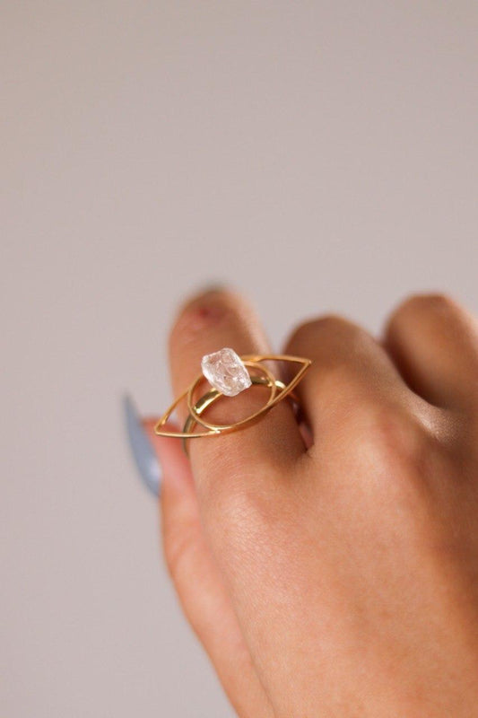 Anel Quartzo Cristal Olho Grego Ajustável Banho Ouro