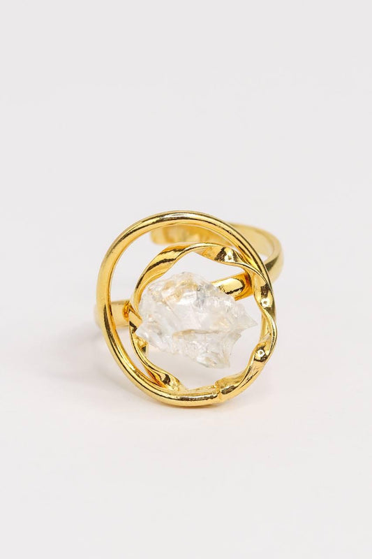 Anel ajustável Pedra Natural Cristal banhado Ouro 18K