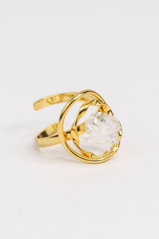 Anel ajustável Pedra Natural Cristal banhado Ouro 18K