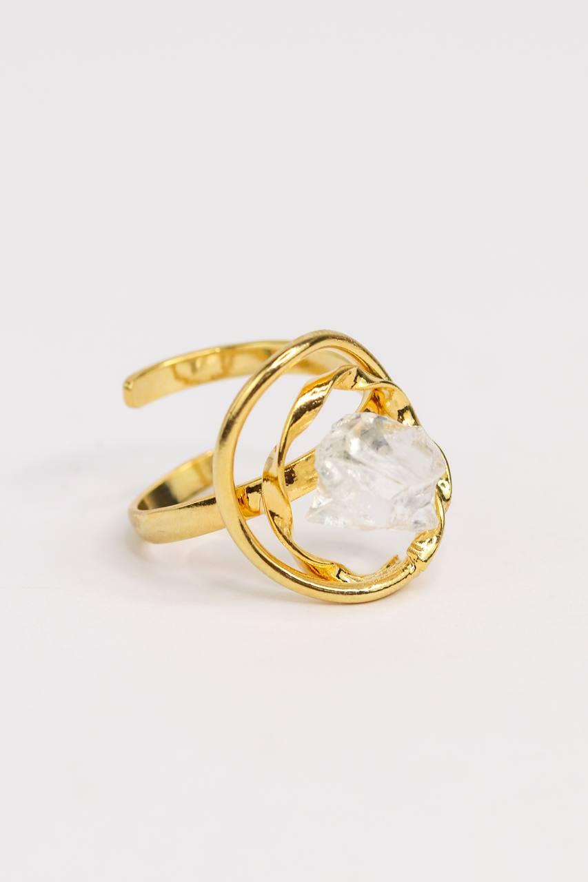 Anel ajustável Pedra Natural Cristal banhado Ouro 18K