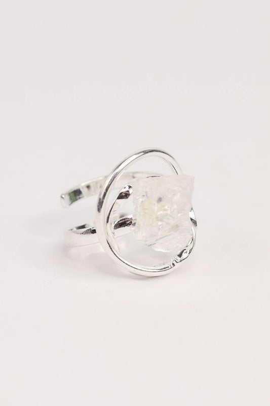 Anel ajustável Pedra Natural Cristal banhado Prata
