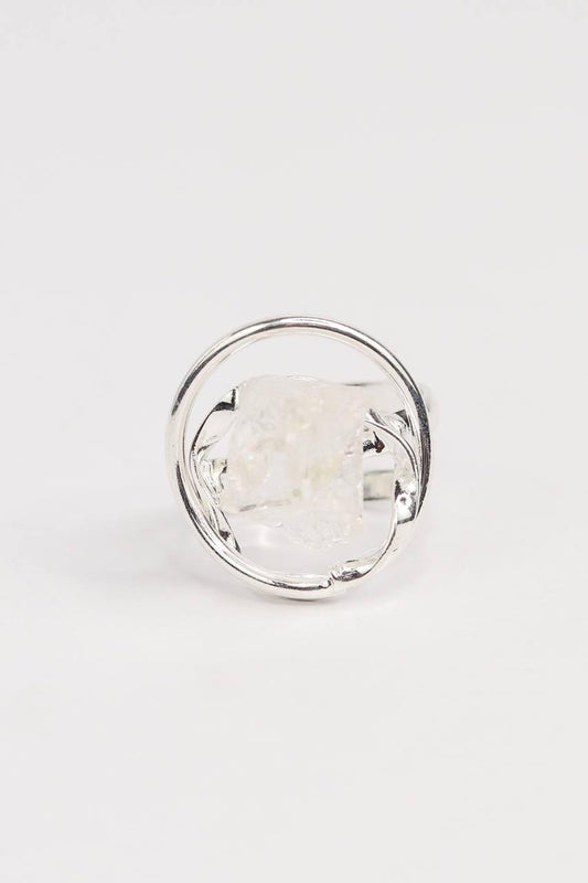 Anel ajustável Pedra Natural Cristal banhado Prata