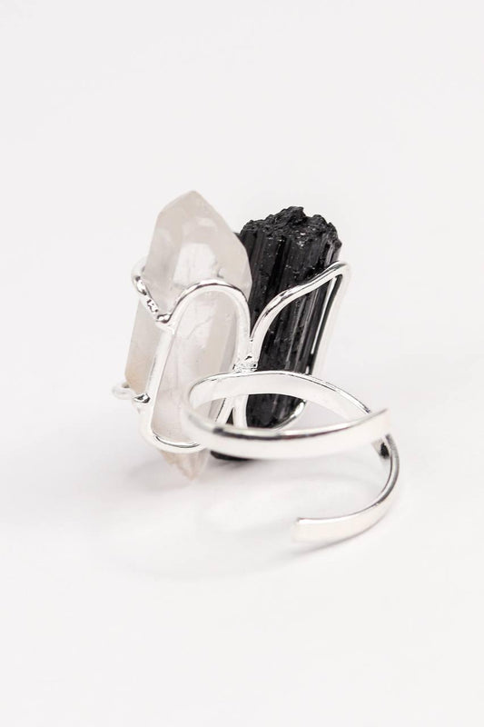 Anel Cristal de Quartzo com Turmalina negra ajustavel banho prata