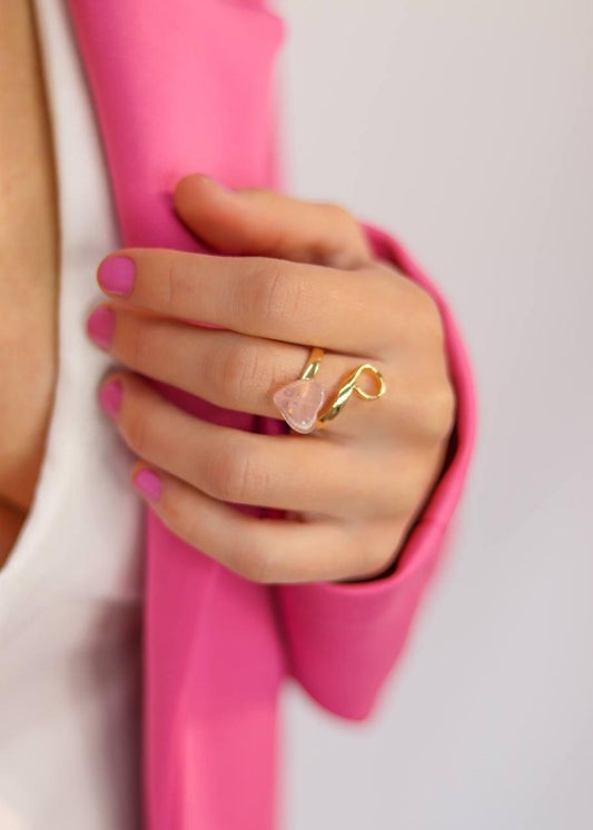 Anel Ajustável Pedra Quartzo Rosa Coração Banho Ouro