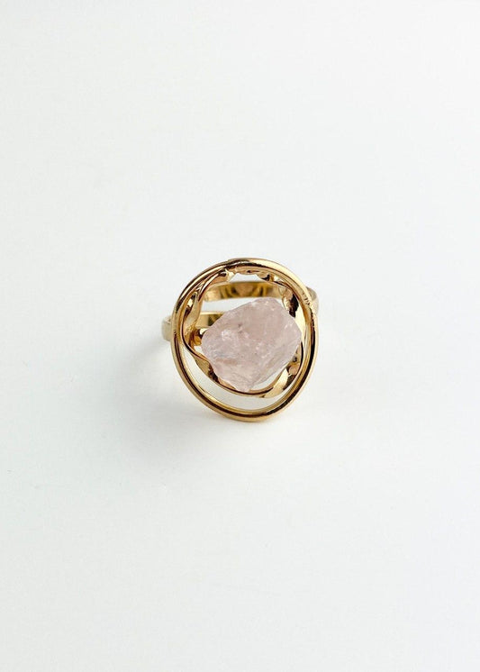 Anel ajustável Pedra Natural Quartzo Rosa banhado Ouro 18K