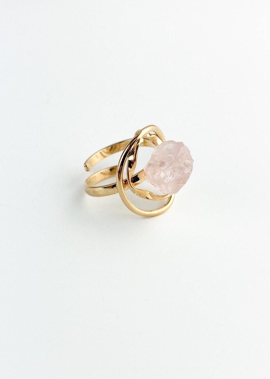 Anel ajustável Pedra Natural Quartzo Rosa banhado Ouro 18K