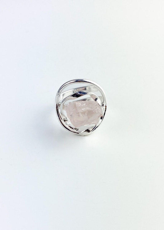 Anel ajustável Pedra Natural Quartzo Rosa banhado Prata