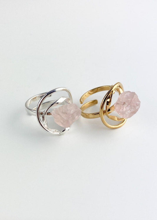 Anel ajustável Pedra Natural Quartzo Rosa banhado Ouro 18K